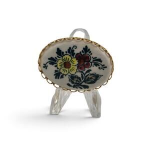 Vintage Floral Porcelain Brooch Gold Tone Oval Flower Cabochon Pin